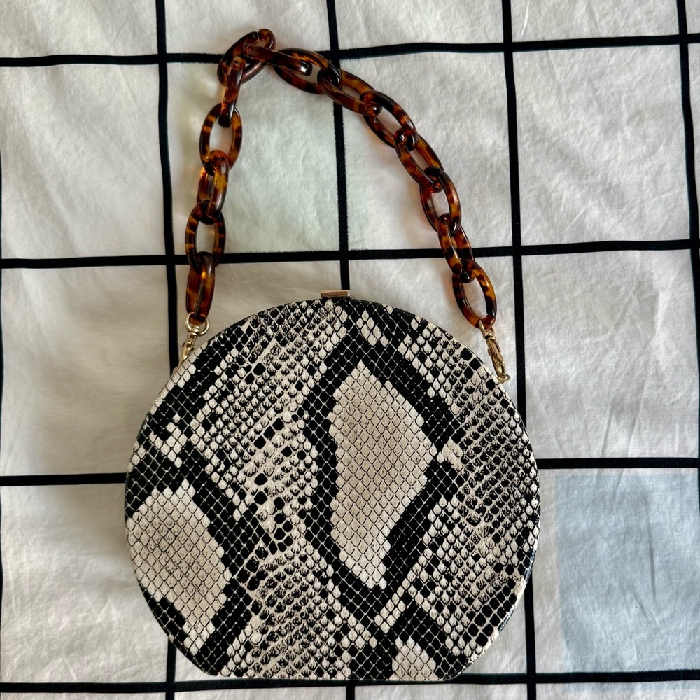 Round Snakeskin Patterned Clutch with Tortoise Chain